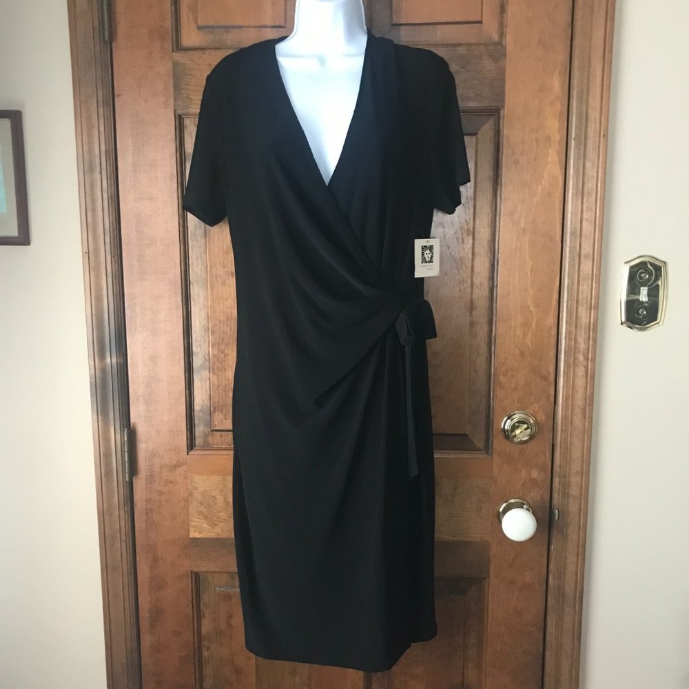 NWT Anne Klein Black Deep V Faux Wrap Dress Size 14
